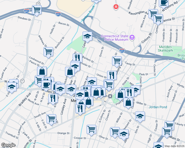 map of restaurants, bars, coffee shops, grocery stores, and more near 9 Springdale Avenue in Meriden