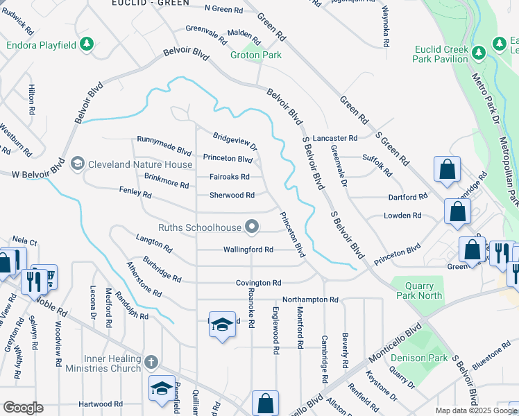 map of restaurants, bars, coffee shops, grocery stores, and more near 3822 Freemont Road in South Euclid