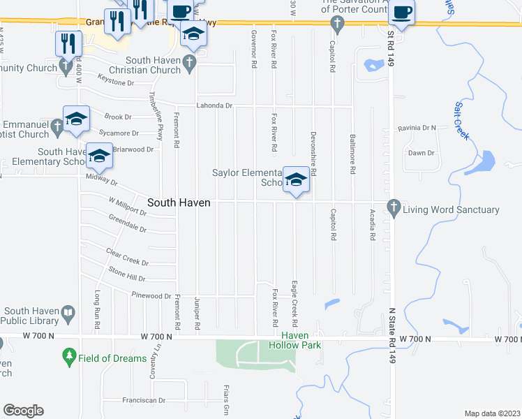 map of restaurants, bars, coffee shops, grocery stores, and more near 737 Governor Road in Valparaiso