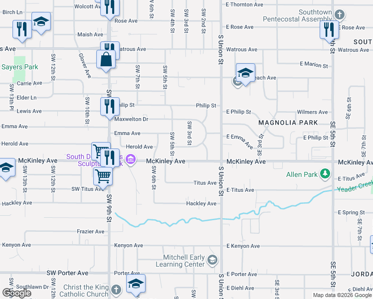 map of restaurants, bars, coffee shops, grocery stores, and more near 332 McKinley Avenue in Des Moines