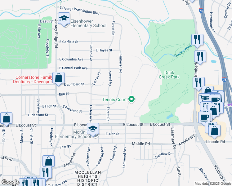 map of restaurants, bars, coffee shops, grocery stores, and more near 2204 Fairhaven Road in Davenport