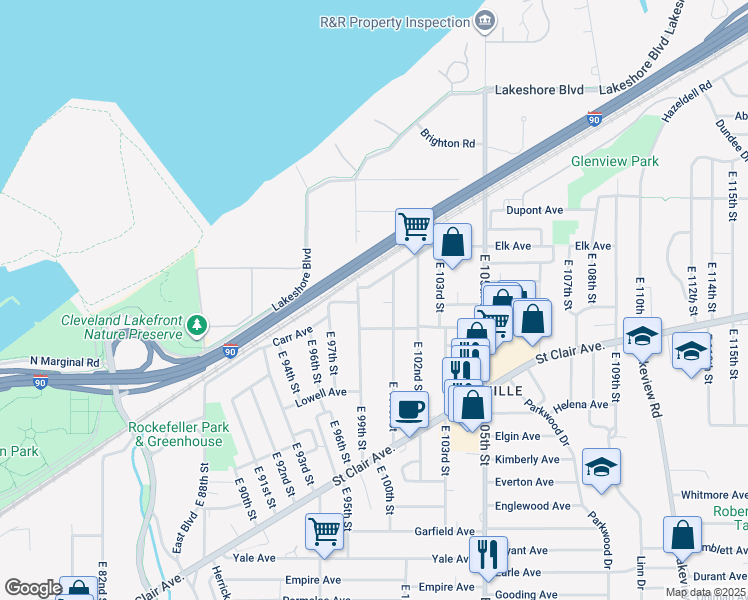 map of restaurants, bars, coffee shops, grocery stores, and more near 594 East 99th Street in Cleveland