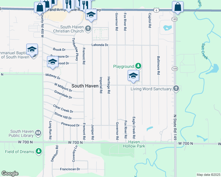 map of restaurants, bars, coffee shops, grocery stores, and more near 737 Heritage Road in Valparaiso