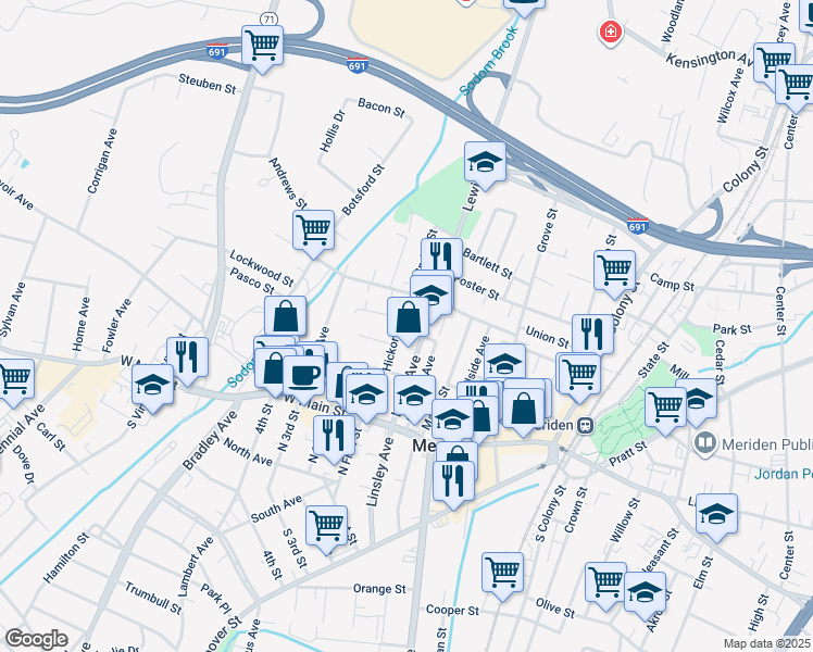 map of restaurants, bars, coffee shops, grocery stores, and more near 82 Lewis Avenue in Meriden