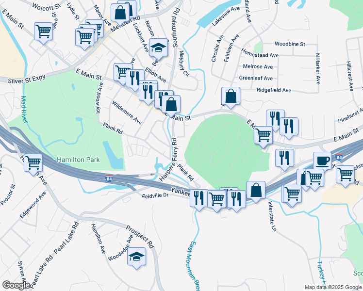 map of restaurants, bars, coffee shops, grocery stores, and more near 121 Harpers Ferry Road in Waterbury