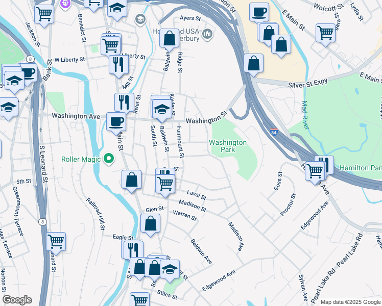 map of restaurants, bars, coffee shops, grocery stores, and more near 103 Fairmount Street in Waterbury