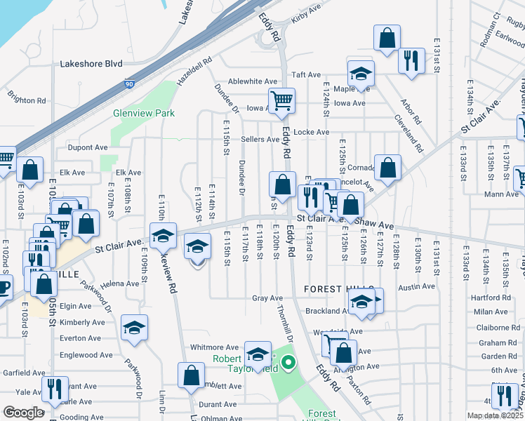map of restaurants, bars, coffee shops, grocery stores, and more near 596 East 118th Street in Cleveland