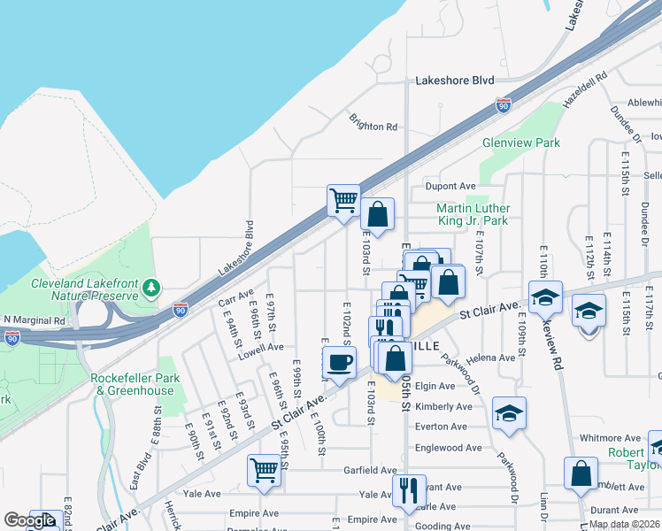 map of restaurants, bars, coffee shops, grocery stores, and more near 592 East 101st Street in Cleveland