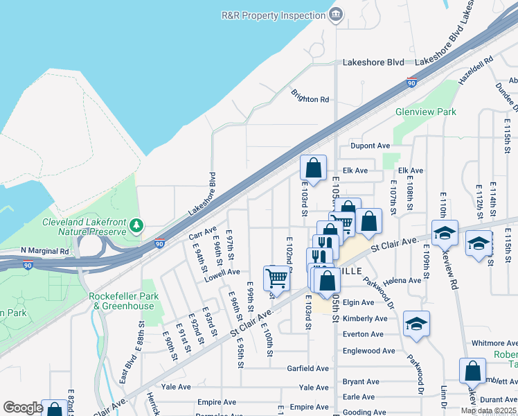 map of restaurants, bars, coffee shops, grocery stores, and more near 594 East 99th Street in Cleveland