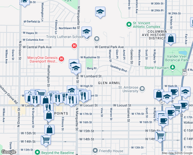 map of restaurants, bars, coffee shops, grocery stores, and more near 2105 North Myrtle Street in Davenport