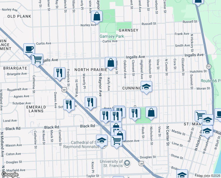 map of restaurants, bars, coffee shops, grocery stores, and more near 1002 Kelly Avenue in Joliet
