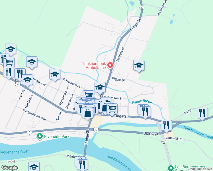map of restaurants, bars, coffee shops, grocery stores, and more near 164 Bridge St in Tunkhannock