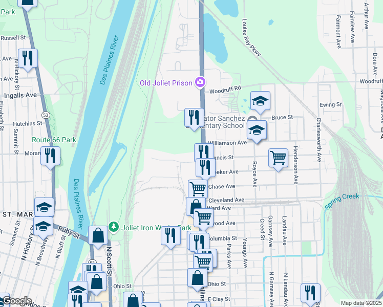 map of restaurants, bars, coffee shops, grocery stores, and more near 927 Collins Street in Joliet