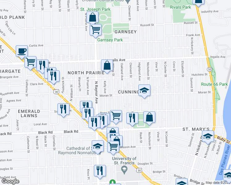 map of restaurants, bars, coffee shops, grocery stores, and more near 1002 Wilcox Street in Joliet