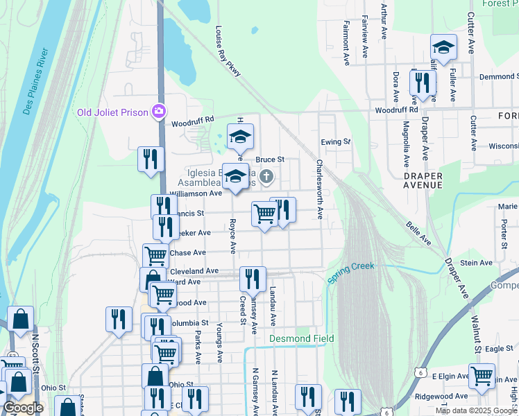 map of restaurants, bars, coffee shops, grocery stores, and more near 625 Francis Street in Joliet