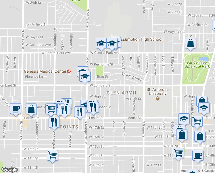 map of restaurants, bars, coffee shops, grocery stores, and more near 1025 West Lombard Street in Davenport