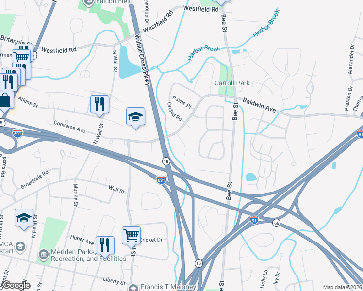 map of restaurants, bars, coffee shops, grocery stores, and more near 27 Bret Drive in Meriden