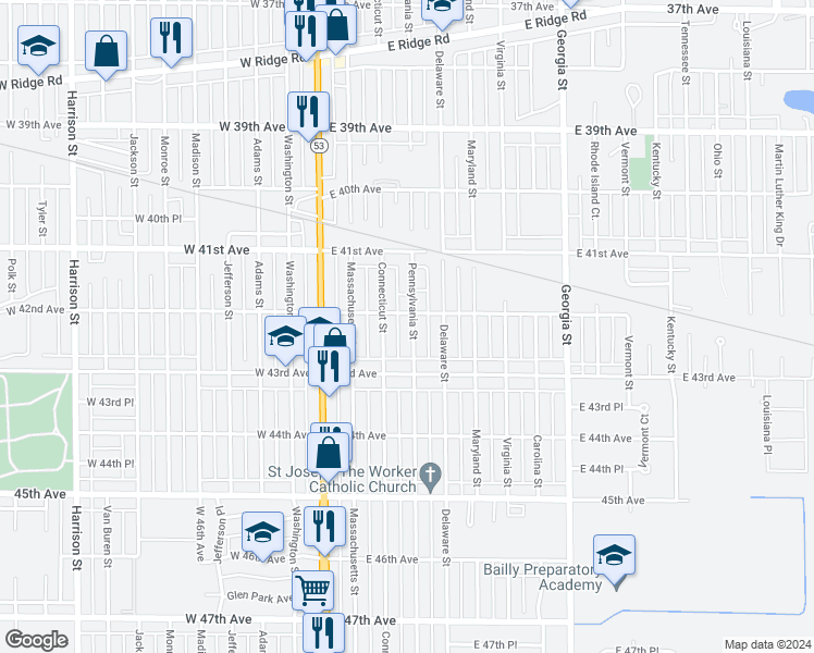 map of restaurants, bars, coffee shops, grocery stores, and more near 4216 Pennsylvania Street in Gary