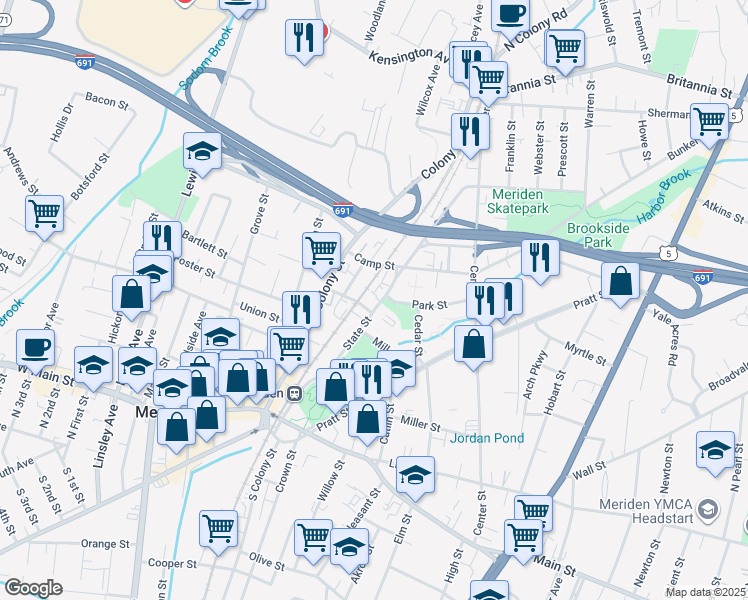 map of restaurants, bars, coffee shops, grocery stores, and more near 31 Camp Street in Meriden