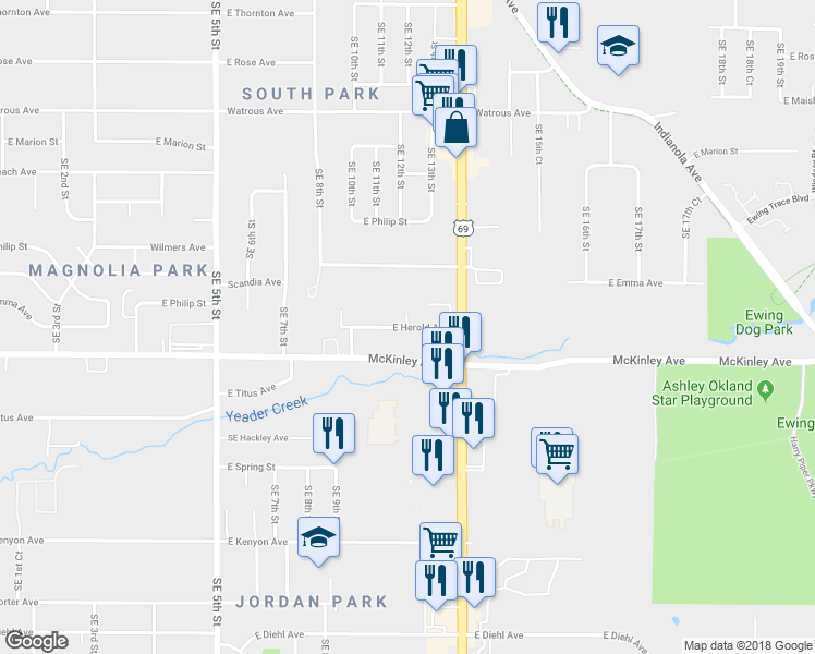 map of restaurants, bars, coffee shops, grocery stores, and more near 1136 East Herold Avenue in Des Moines