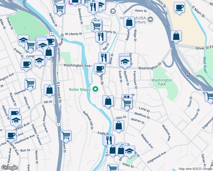 map of restaurants, bars, coffee shops, grocery stores, and more near 11 Lounsbury Street in Waterbury