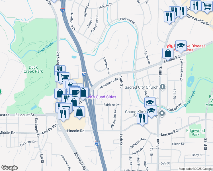 map of restaurants, bars, coffee shops, grocery stores, and more near 1223 Meadow Lane Drive in Bettendorf