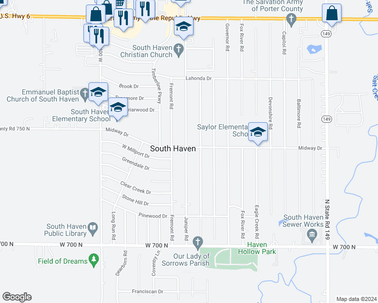 map of restaurants, bars, coffee shops, grocery stores, and more near 739 Juniper Road in Valparaiso