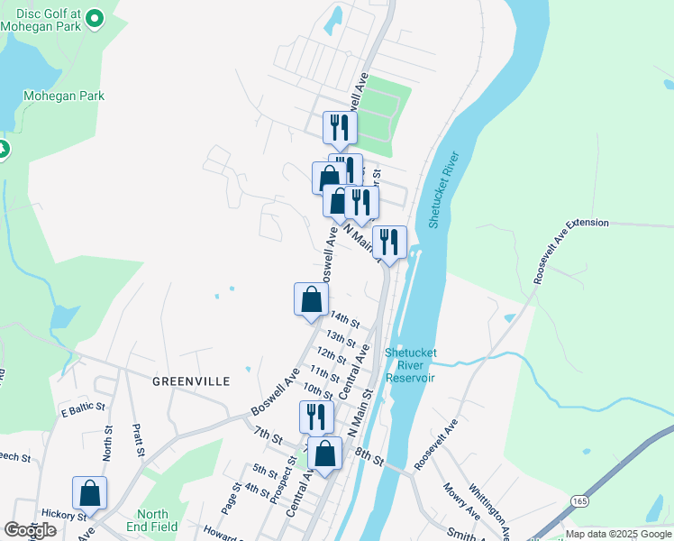 map of restaurants, bars, coffee shops, grocery stores, and more near 742 North Main Street in Norwich