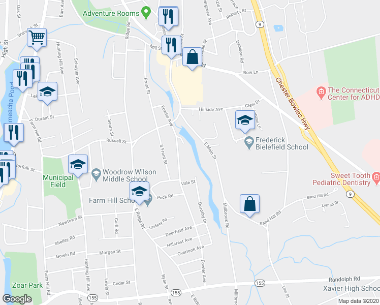 map of restaurants, bars, coffee shops, grocery stores, and more near 38 East Fowler Avenue in Middletown