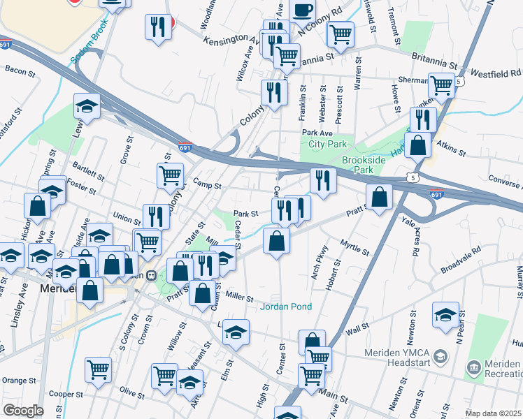 map of restaurants, bars, coffee shops, grocery stores, and more near 123 Camp Street in Meriden