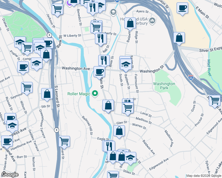 map of restaurants, bars, coffee shops, grocery stores, and more near 64 Lounsbury Avenue in Waterbury