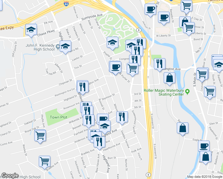 map of restaurants, bars, coffee shops, grocery stores, and more near 557 Wilson Street in Waterbury