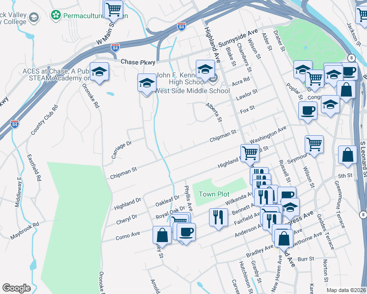 map of restaurants, bars, coffee shops, grocery stores, and more near 316 Chipman Street in Waterbury
