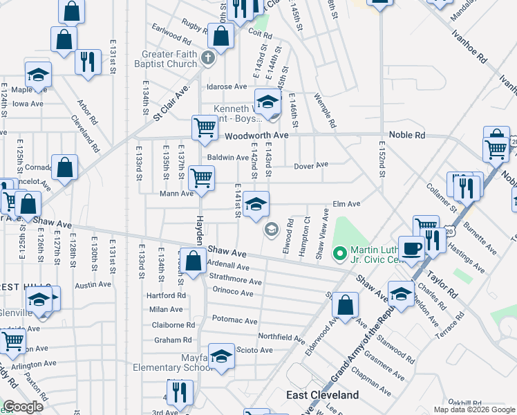 map of restaurants, bars, coffee shops, grocery stores, and more near 1316 East 142nd Street in East Cleveland