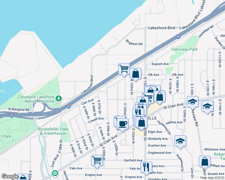 map of restaurants, bars, coffee shops, grocery stores, and more near 542 East 101st Street in Cleveland