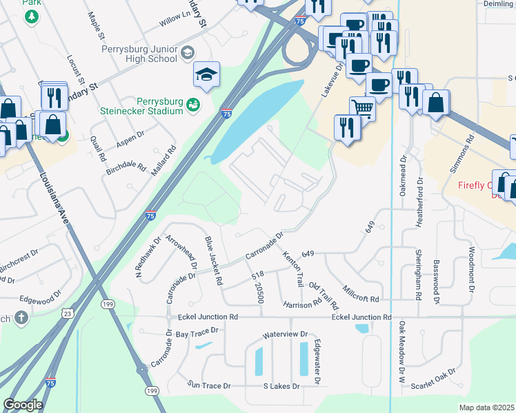 map of restaurants, bars, coffee shops, grocery stores, and more near 26747 Lakevue Drive in Perrysburg