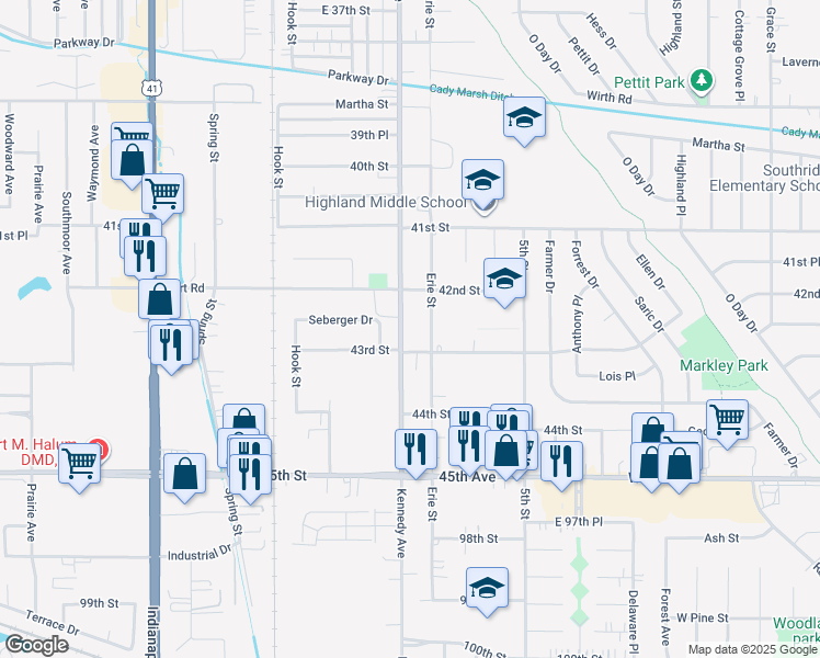 map of restaurants, bars, coffee shops, grocery stores, and more near 9412 Erie St in Highland