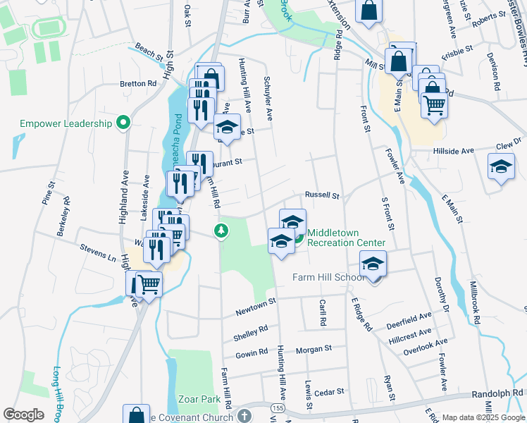 map of restaurants, bars, coffee shops, grocery stores, and more near Hunting Hill Ave & Russell St in Middletown