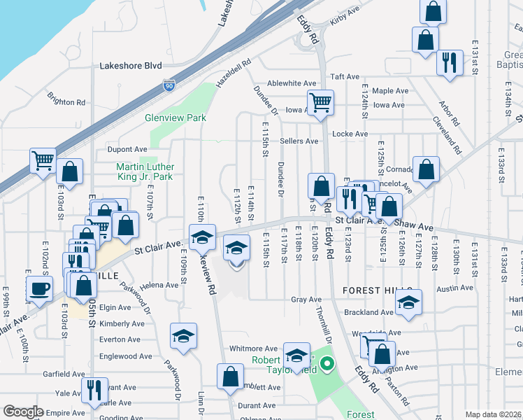 map of restaurants, bars, coffee shops, grocery stores, and more near 543 East 115th Street in Cleveland