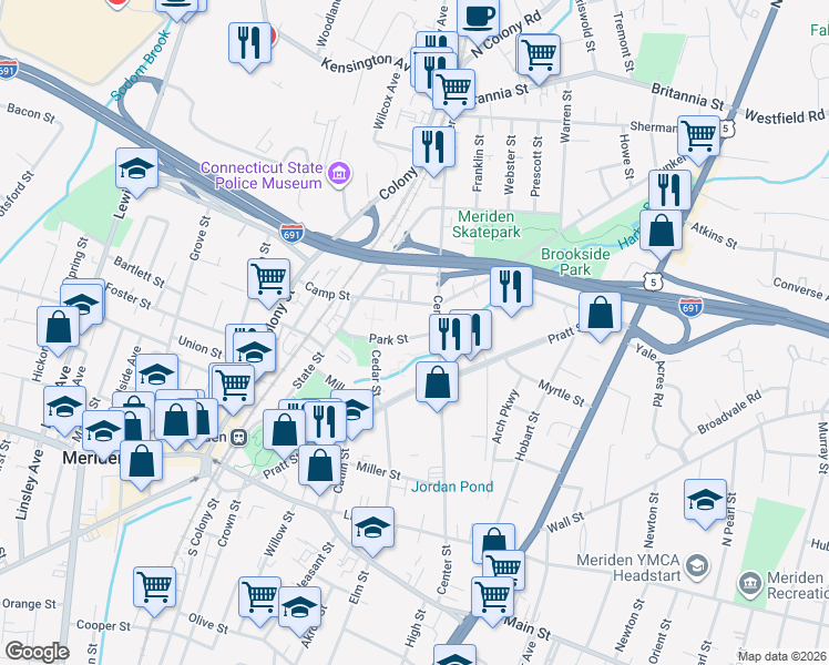 map of restaurants, bars, coffee shops, grocery stores, and more near 74 Park Street in Meriden