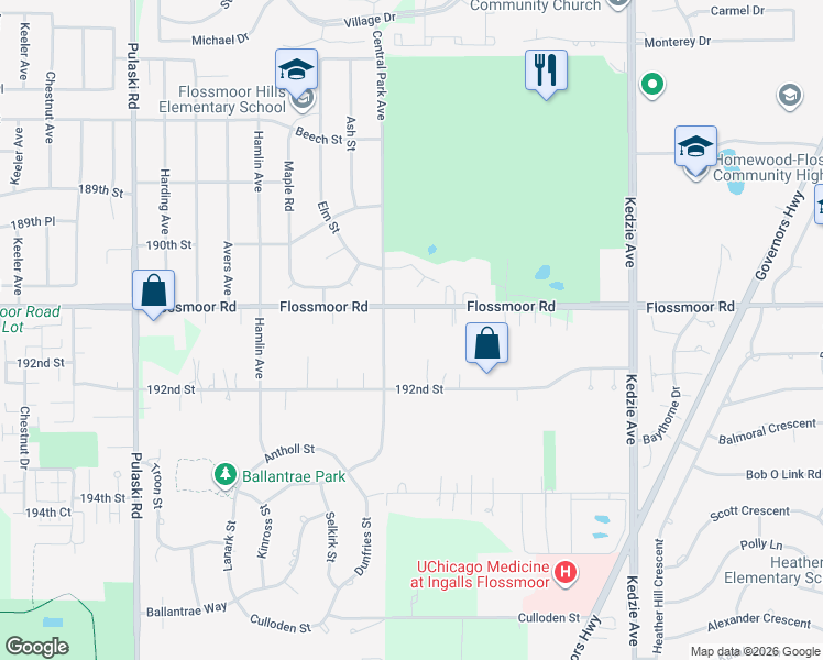 map of restaurants, bars, coffee shops, grocery stores, and more near 1047 Oak Court in Flossmoor
