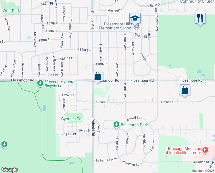 map of restaurants, bars, coffee shops, grocery stores, and more near 19050 Springfield Avenue in Flossmoor