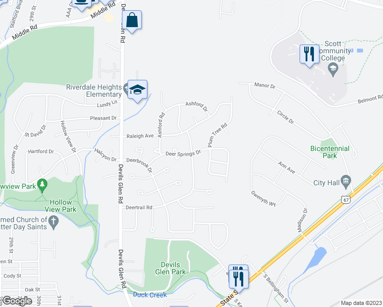 map of restaurants, bars, coffee shops, grocery stores, and more near 1936 Streamside Drive in Bettendorf