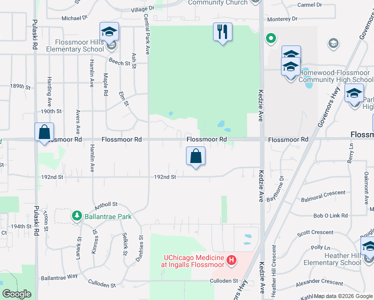 map of restaurants, bars, coffee shops, grocery stores, and more near 3433 Flossmoor Road in Homewood