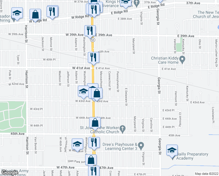 map of restaurants, bars, coffee shops, grocery stores, and more near 4210 Connecticut Street in Gary