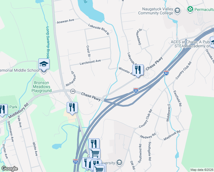 map of restaurants, bars, coffee shops, grocery stores, and more near 202 Mason Avenue in Waterbury