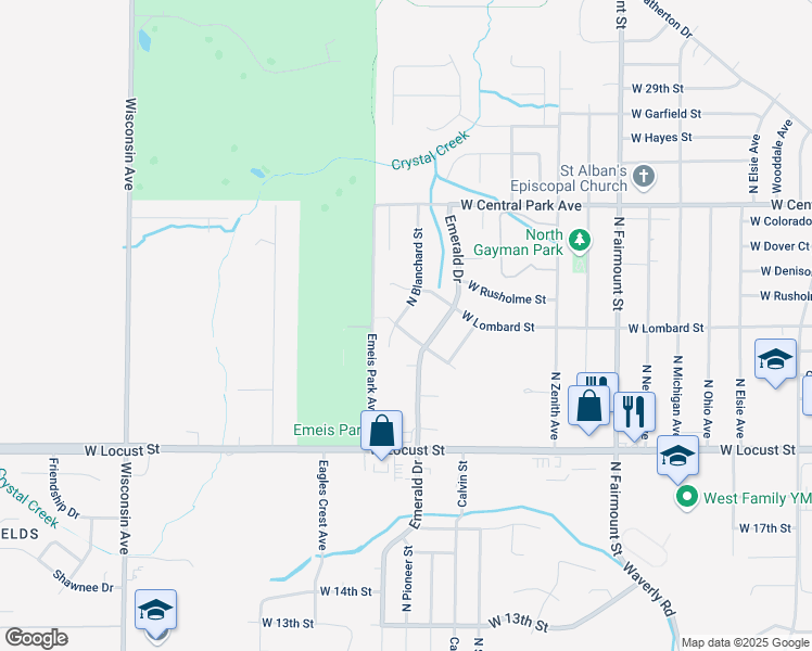 map of restaurants, bars, coffee shops, grocery stores, and more near 2215 North Blanchard Street in Davenport