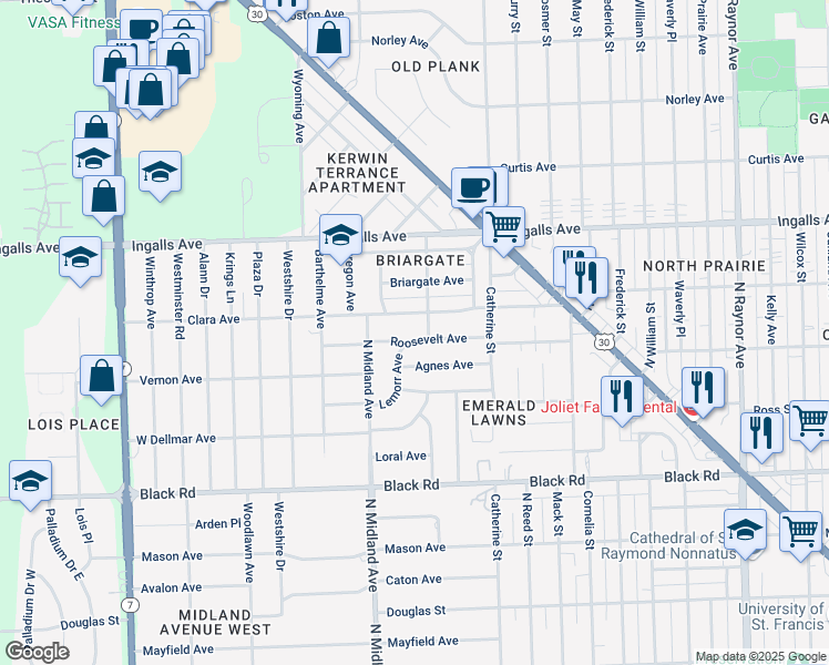 map of restaurants, bars, coffee shops, grocery stores, and more near 1309 Clara Avenue in Joliet