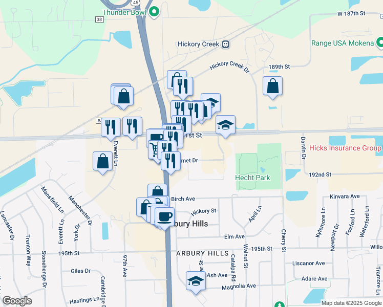 map of restaurants, bars, coffee shops, grocery stores, and more near 9500 Bormet Drive in Mokena