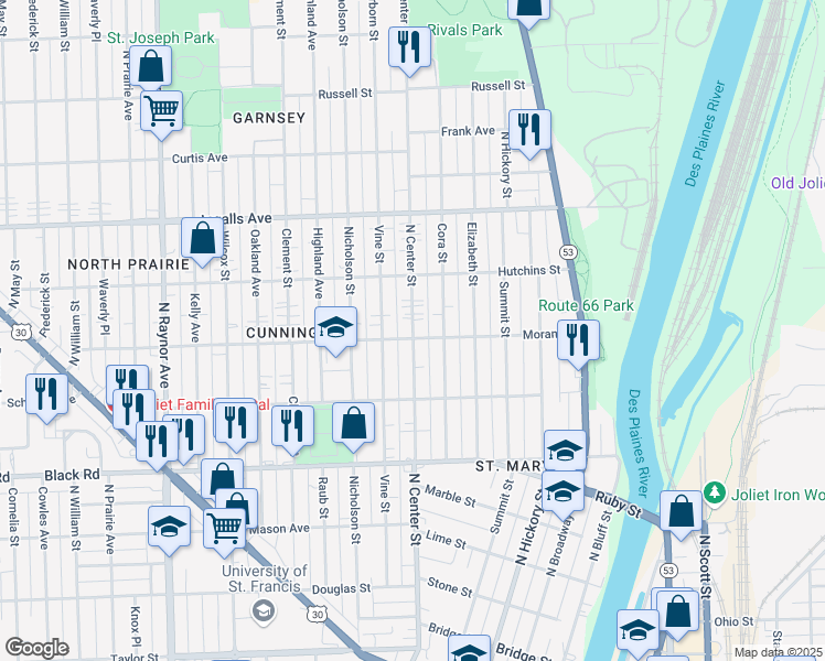 map of restaurants, bars, coffee shops, grocery stores, and more near 1011 North Center Street in Joliet